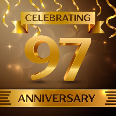 Doksan yedi yıl yıldönümü kutlama tasarım. Konfeti ve altın zemin üzerine altın şerit. Doğum günü partin için renkli vektör şablon öğeleri. Yıldönümü şerit