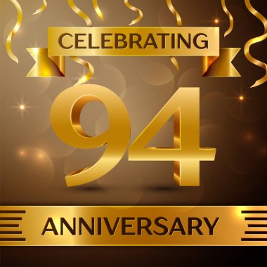 Doksan dört yıl yıldönümü kutlama tasarım. Konfeti ve altın zemin üzerine altın şerit. Doğum günü partin için renkli vektör şablon öğeleri. Yıldönümü şerit