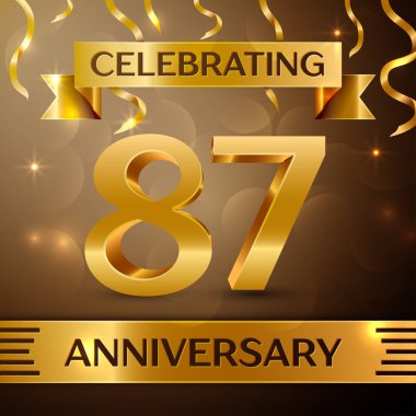 Seksen yedi yıl yıldönümü kutlama tasarım. Konfeti ve altın zemin üzerine altın şerit. Doğum günü partin için renkli vektör şablon öğeleri. Yıldönümü şerit