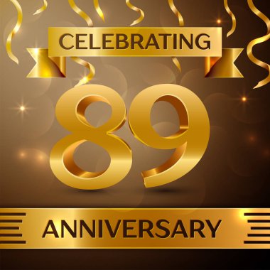 Seksen dokuz yıl yıldönümü kutlama tasarım. Konfeti ve altın zemin üzerine altın şerit. Doğum günü partin için renkli vektör şablon öğeleri. Yıldönümü şerit