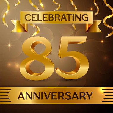 Seksen beş yıl yıldönümü kutlama tasarım. Konfeti ve altın zemin üzerine altın şerit. Doğum günü partin için renkli vektör şablon öğeleri. Yıldönümü şerit