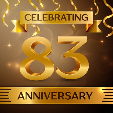 Seksen üç yıl yıldönümü kutlama tasarım. Konfeti ve altın zemin üzerine altın şerit. Doğum günü partin için renkli vektör şablon öğeleri. Yıldönümü şerit