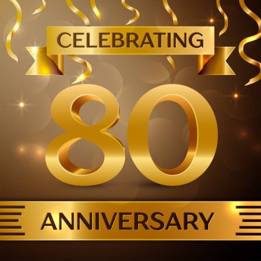 Seksen yıl yıldönümü kutlama tasarım. Konfeti ve altın zemin üzerine altın şerit. Doğum günü partin için renkli vektör şablon öğeleri. Yıldönümü şerit