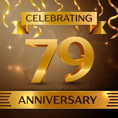 Yetmiş dokuz yıl yıldönümü kutlama tasarım. Konfeti ve altın zemin üzerine altın şerit. Doğum günü partin için renkli vektör şablon öğeleri. Yıldönümü şerit