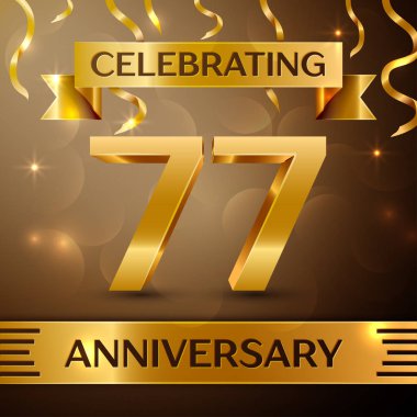 Yetmiş Yedi yıl yıldönümü kutlama tasarım. Konfeti ve altın zemin üzerine altın şerit. Doğum günü partin için renkli vektör şablon öğeleri. Yıldönümü şerit