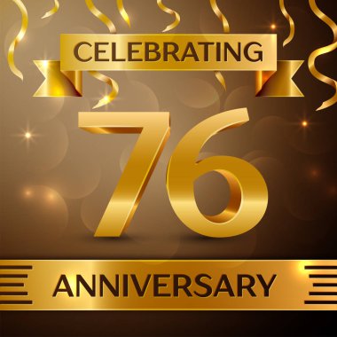 Yetmiş altı yıl yıldönümü kutlama tasarım. Konfeti ve altın zemin üzerine altın şerit. Doğum günü partin için renkli vektör şablon öğeleri. Yıldönümü şerit