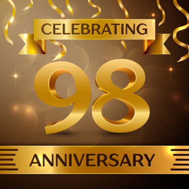 Doksan sekiz yıl yıldönümü kutlama tasarım. Konfeti ve altın zemin üzerine altın şerit. Doğum günü partin için renkli vektör şablon öğeleri. Yıldönümü şerit