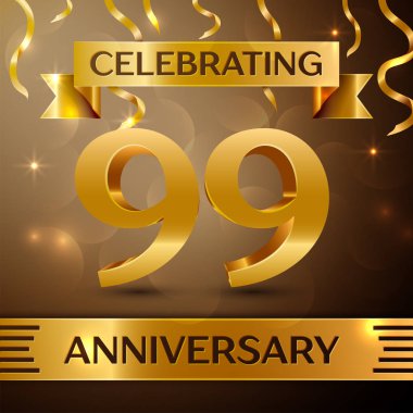 Doksan dokuz yıl yıldönümü kutlama tasarım. Konfeti ve altın zemin üzerine altın şerit. Doğum günü partin için renkli vektör şablon öğeleri. Yıldönümü şerit