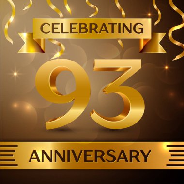 Doksan üç yıl yıldönümü kutlama tasarım. Konfeti ve altın zemin üzerine altın şerit. Doğum günü partin için renkli vektör şablon öğeleri. Yıldönümü şerit