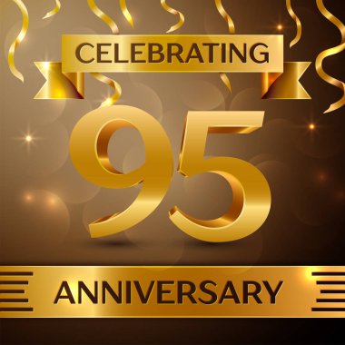 Doksan beş yıl yıldönümü kutlama tasarım. Konfeti ve altın zemin üzerine altın şerit. Doğum günü partin için renkli vektör şablon öğeleri. Yıldönümü şerit