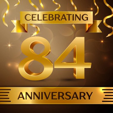 Seksen dört yıl yıldönümü kutlama tasarım. Konfeti ve altın zemin üzerine altın şerit. Doğum günü partin için renkli vektör şablon öğeleri. Yıldönümü şerit