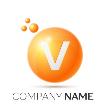 V harfi sıçrama logosunu görmeniz gerekir. Turuncu noktalar ve daire kabarcık mektup tasarım gri arka plan üzerinde. Vektör çizim