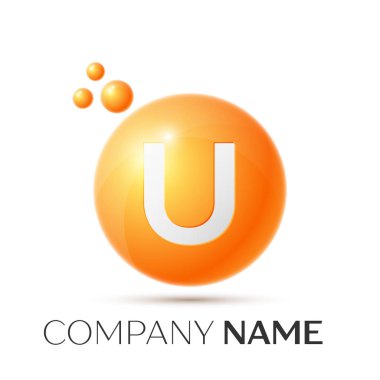 U harfi sıçrama logosunu görmeniz gerekir. Turuncu noktalar ve daire kabarcık mektup tasarım gri arka plan üzerinde. Vektör çizim