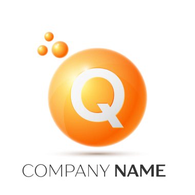 Q harfi sıçrama logosunu görmeniz gerekir. Turuncu noktalar ve daire kabarcık mektup tasarım gri arka plan üzerinde. Vektör çizim