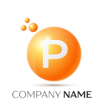 P harfi sıçrama logosunu görmeniz gerekir. Turuncu noktalar ve daire kabarcık mektup tasarım gri arka plan üzerinde. Vektör çizim