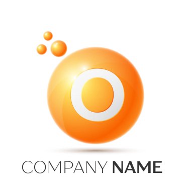 O mektup sıçrama logosunu görmeniz gerekir. Turuncu noktalar ve daire kabarcık mektup tasarım gri arka plan üzerinde. Vektör çizim