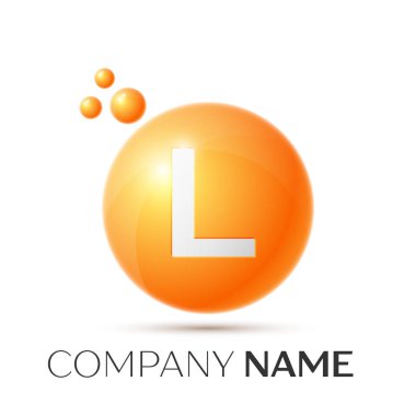 L harfi sıçrama logosunu görmeniz gerekir. Turuncu noktalar ve daire kabarcık mektup tasarım gri arka plan üzerinde. Vektör çizim