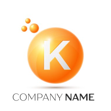 K harfi sıçrama logosunu görmeniz gerekir. Turuncu noktalar ve daire kabarcık mektup tasarım gri arka plan üzerinde. Vektör çizim