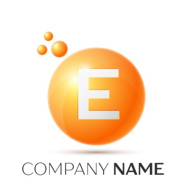 E mektup sıçrama logosunu görmeniz gerekir. Turuncu noktalar ve daire kabarcık mektup tasarım gri arka plan üzerinde. Vektör çizim