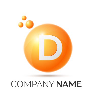 D harfi sıçrama logosunu görmeniz gerekir. Turuncu noktalar ve daire kabarcık mektup tasarım gri arka plan üzerinde. Vektör çizim