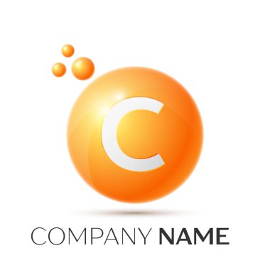 C harfi sıçrama logosunu görmeniz gerekir. Turuncu noktalar ve daire kabarcık mektup tasarım gri arka plan üzerinde. Vektör çizim