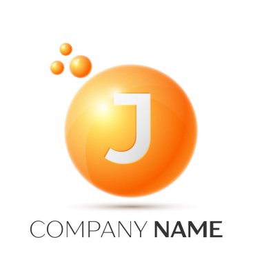 J harfi sıçrama logosunu görmeniz gerekir. Turuncu noktalar ve daire kabarcık mektup tasarım gri arka plan üzerinde. Vektör çizim
