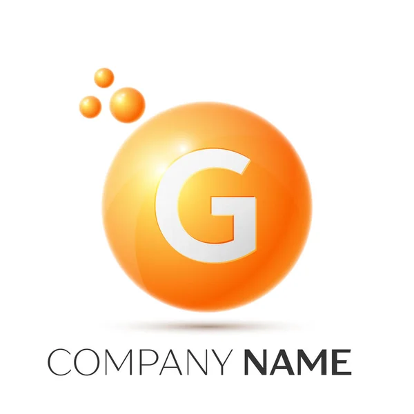 G Letter splash logo. Оранжевые точки и рисунок пузырьковой буквы на сером фоне. Векторная миграция — стоковый вектор