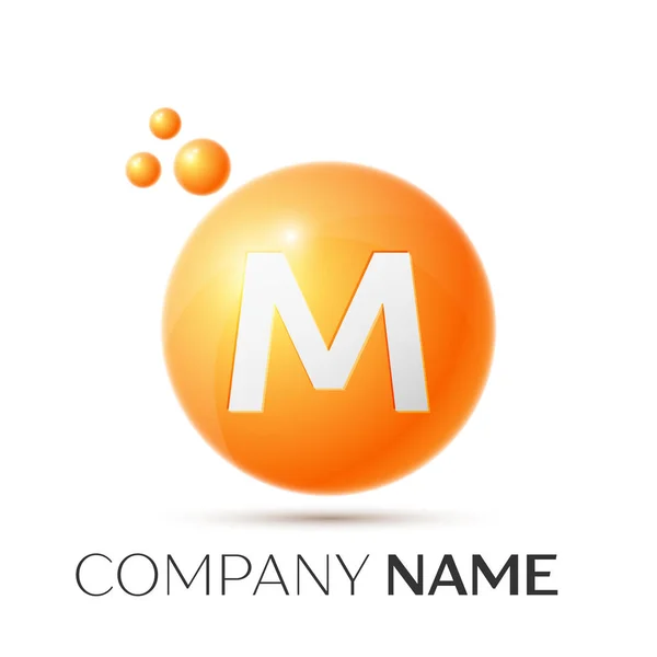 M-brev splash logotyp. Orange prickar och cirkel bubbla brev design på grå bakgrund. Vektorillustration — Stock vektor