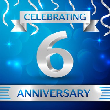 Altı yıl yıldönümü kutlama tasarım. Konfeti ve gümüş şerit mavi arka plan üzerinde. Doğum günü partin için renkli vektör şablon öğeleri. Yıldönümü şerit