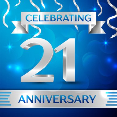 Yirmi bir yıl yıldönümü kutlama tasarım. Konfeti ve gümüş şerit mavi arka plan üzerinde. Doğum günü partin için renkli vektör şablon öğeleri. Yıldönümü şerit