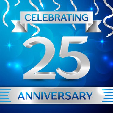 Yirmi beş yıl yıldönümü kutlama tasarım. Konfeti ve gümüş şerit mavi arka plan üzerinde. Doğum günü partin için renkli vektör şablon öğeleri. Yıldönümü şerit