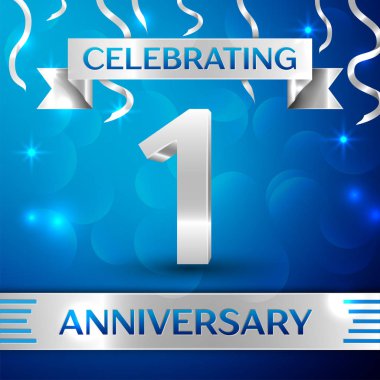 Bir yıl yıldönümü kutlama tasarım. Konfeti ve gümüş şerit mavi arka plan üzerinde. Doğum günü partin için renkli vektör şablon öğeleri. Yıldönümü şerit