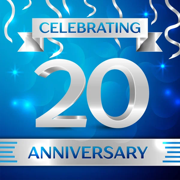 Yirmi yıl yıldönümü kutlama tasarım. Konfeti ve gümüş şerit mavi arka plan üzerinde. Doğum günü partin için renkli vektör şablon öğeleri. Yıldönümü şerit