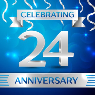 Yirmi dört yıl yıldönümü kutlama tasarım. Konfeti ve gümüş şerit mavi arka plan üzerinde. Doğum günü partin için renkli vektör şablon öğeleri. Yıldönümü şerit