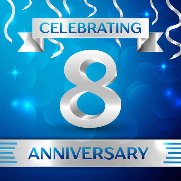 Nyolc éves évforduló ünneplés Design. Konfetti és ezüst szalag a kék háttér. Színes vektor sablon elemeit a születésnapi partiján. Évforduló-szalag — Stock Vector