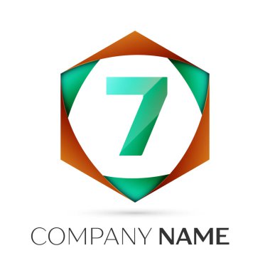 Yedi numaralı vektör logo simge renkli gri arka plan üzerine altıgen. Tasarımınız için vektör şablonu