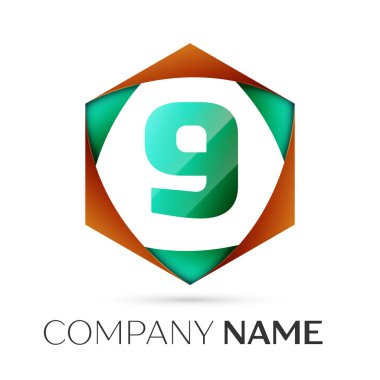 Dokuz numaralı vektör logo simge renkli gri arka plan üzerine altıgen. Tasarımınız için vektör şablonu