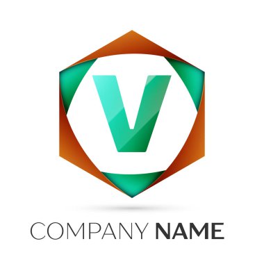 Harf V vektör logo simge renkli gri arka plan üzerine altıgen. Tasarımınız için vektör şablonu