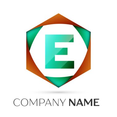 E harfinin vektör logo simge renkli gri arka plan üzerine altıgen. Tasarımınız için vektör şablonu