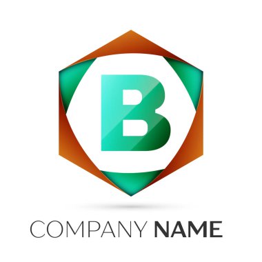 B harfi vektör logo simge renkli gri arka plan üzerine altıgen. Tasarımınız için vektör şablonu