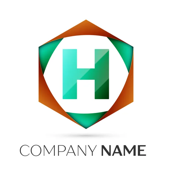 Lettera H simbolo del logo vettoriale nel colorato esagonale su sfondo grigio. Modello vettoriale per il tuo design — Vettoriale Stock