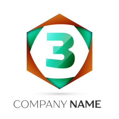 Üç numaralı vektör logo simge renkli gri arka plan üzerine altıgen. Tasarımınız için vektör şablonu