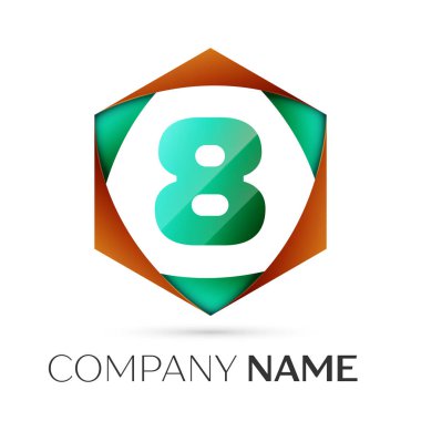 Sekiz numaralı vektör logo simge renkli gri arka plan üzerine altıgen. Tasarımınız için vektör şablonu