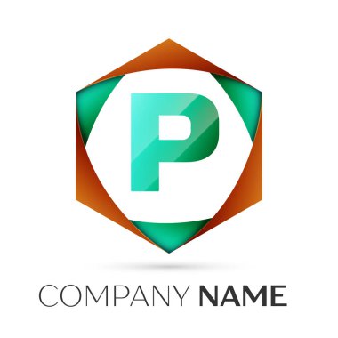P harfi vektör logo simge renkli gri arka plan üzerine altıgen. Tasarımınız için vektör şablonu