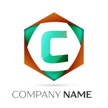 C harfi vektör logo simge renkli gri arka plan üzerine altıgen. Tasarımınız için vektör şablonu