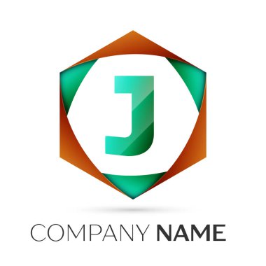J harfi vektör logo simge renkli gri arka plan üzerine altıgen. Tasarımınız için vektör şablonu
