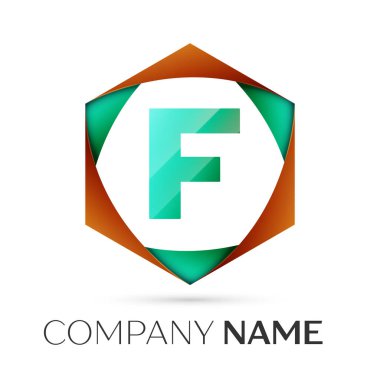 F harfi vektör logo simge renkli gri arka plan üzerine altıgen. Tasarımınız için vektör şablonu