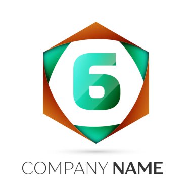 Altı numaralı vektör logo simge renkli gri arka plan üzerine altıgen. Tasarımınız için vektör şablonu