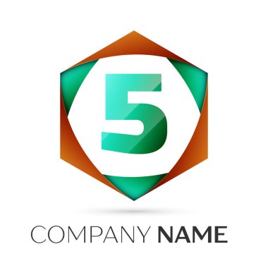 Beş numaralı vektör logo simge renkli gri arka plan üzerine altıgen. Tasarımınız için vektör şablonu