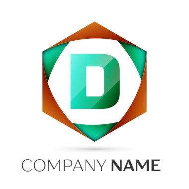 D harfi vektör logo simge renkli gri arka plan üzerine altıgen. Tasarımınız için vektör şablonu
